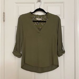Porridge Olive Green 3/4 Tab Button Sleeve Blouse With French Bulldog Print